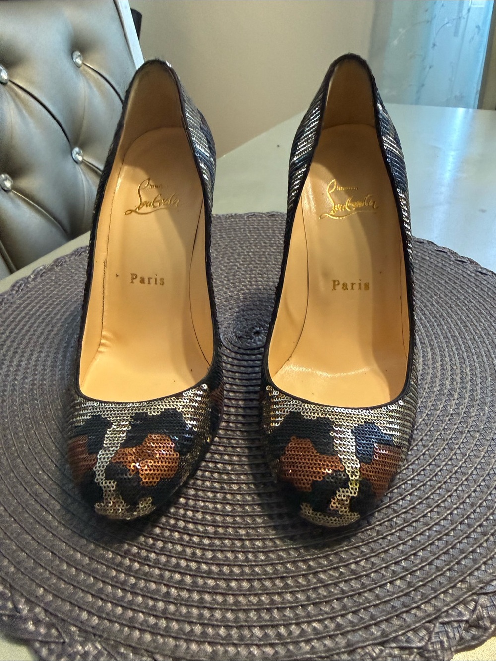 Christian Louboutin Sequined Camouflage Pumps - Black, Brown, Gold